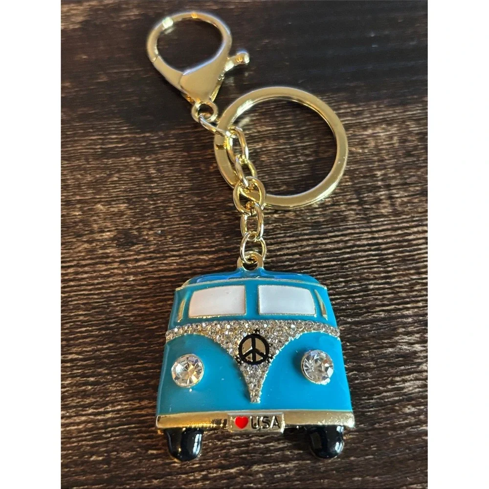 Blue Hippie Bus Keychain Rhinestone Peace Sign USA Charm Gold Tone Retro Charm